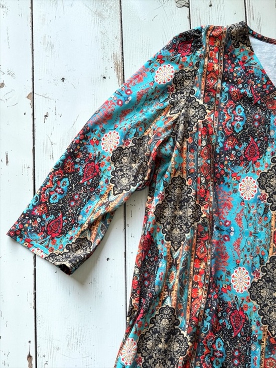 Ofeefan Teal Boho Jersey Knit Blouse Size Medium V-Neck 3/4 Sleeve Paisley Medal - Picture 5 of 6